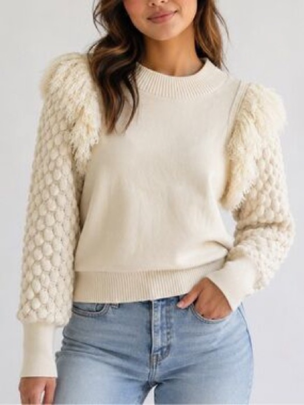 Anthropologie Cream Textured Puff-Sleeve Crew Sweater